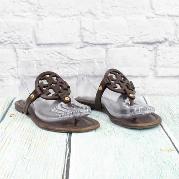 *Tory Burch Miller Brown Leather Logo Medallion Flip Flop Thong Sandals 8.5 Inch - Picture 3 of 9